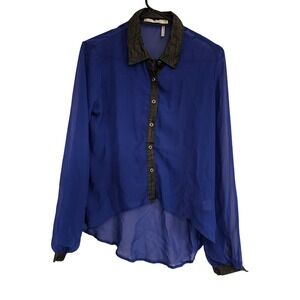 HALE Blue Sheer Button Up Collared Long Sleeve Shirt Top Size M‎